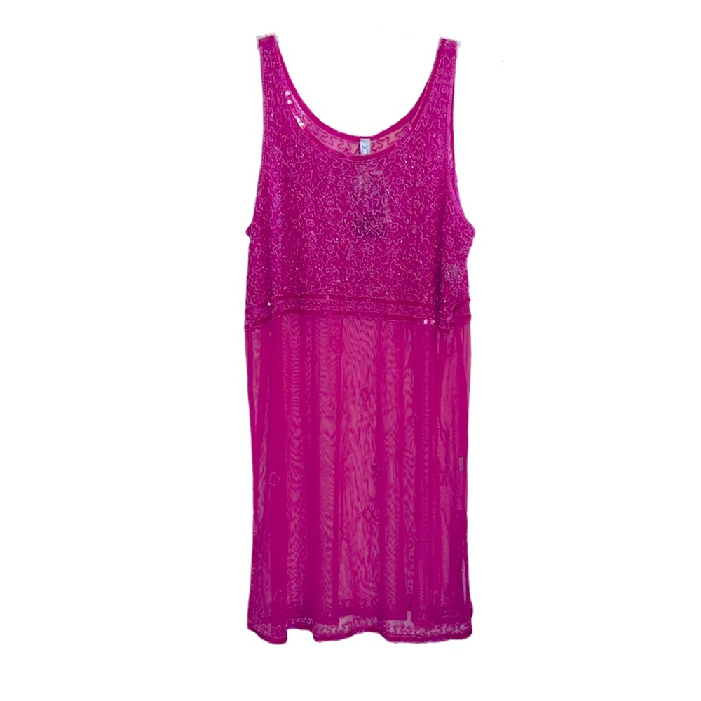 Becca by Rebecca V Virtue Hot Pink Beaded Sequin Sheer Cover Up M/L Medium Large